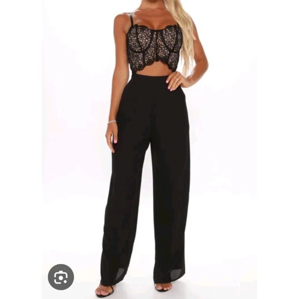 Blashe‎ Jumpsuit Black Sz S Lace Cut Out Wide Leg Lined Adjustable Straps